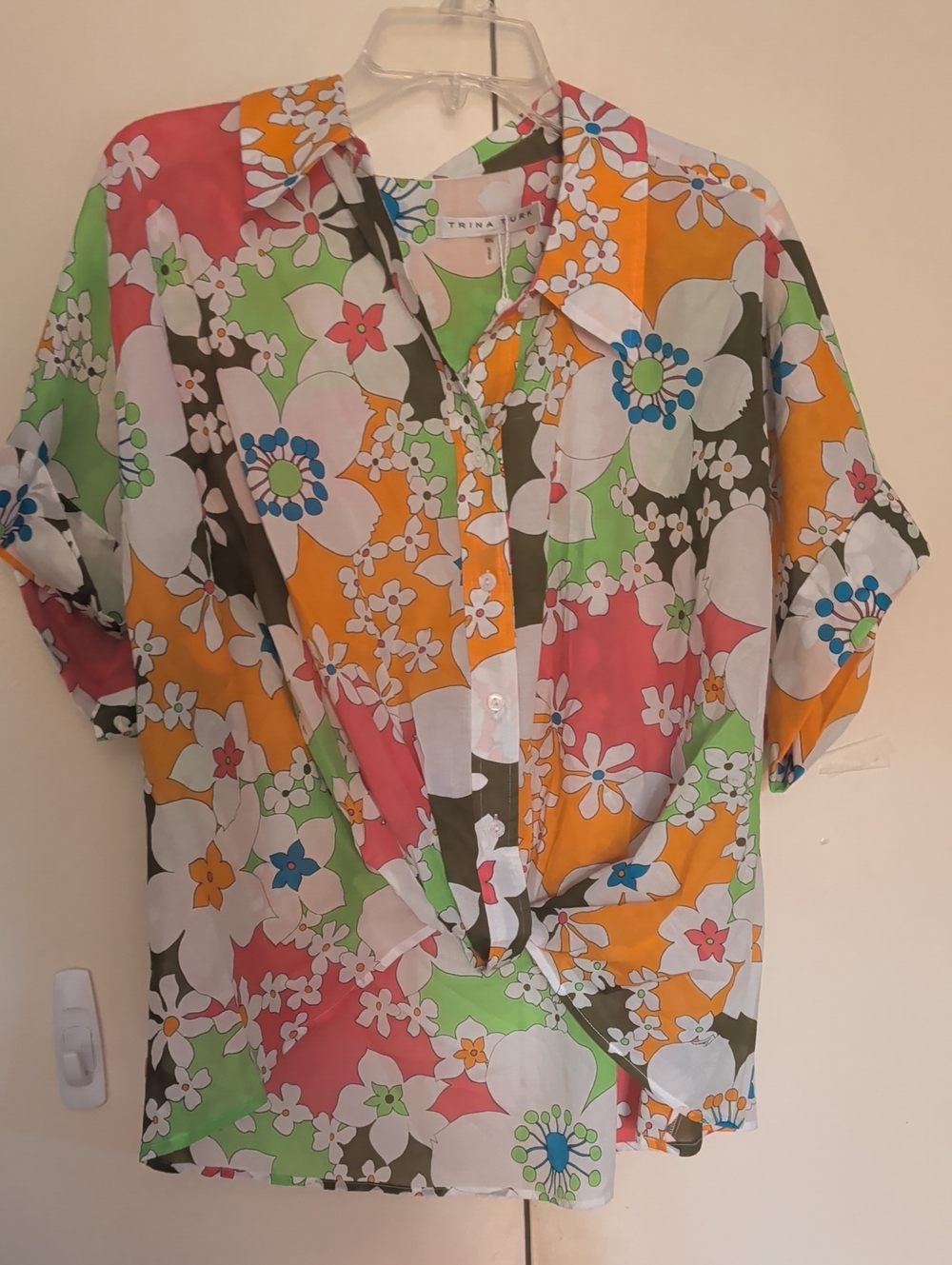 Trina Turk Bright Floral Collared Blouse Retro Button Up NWT New XXL